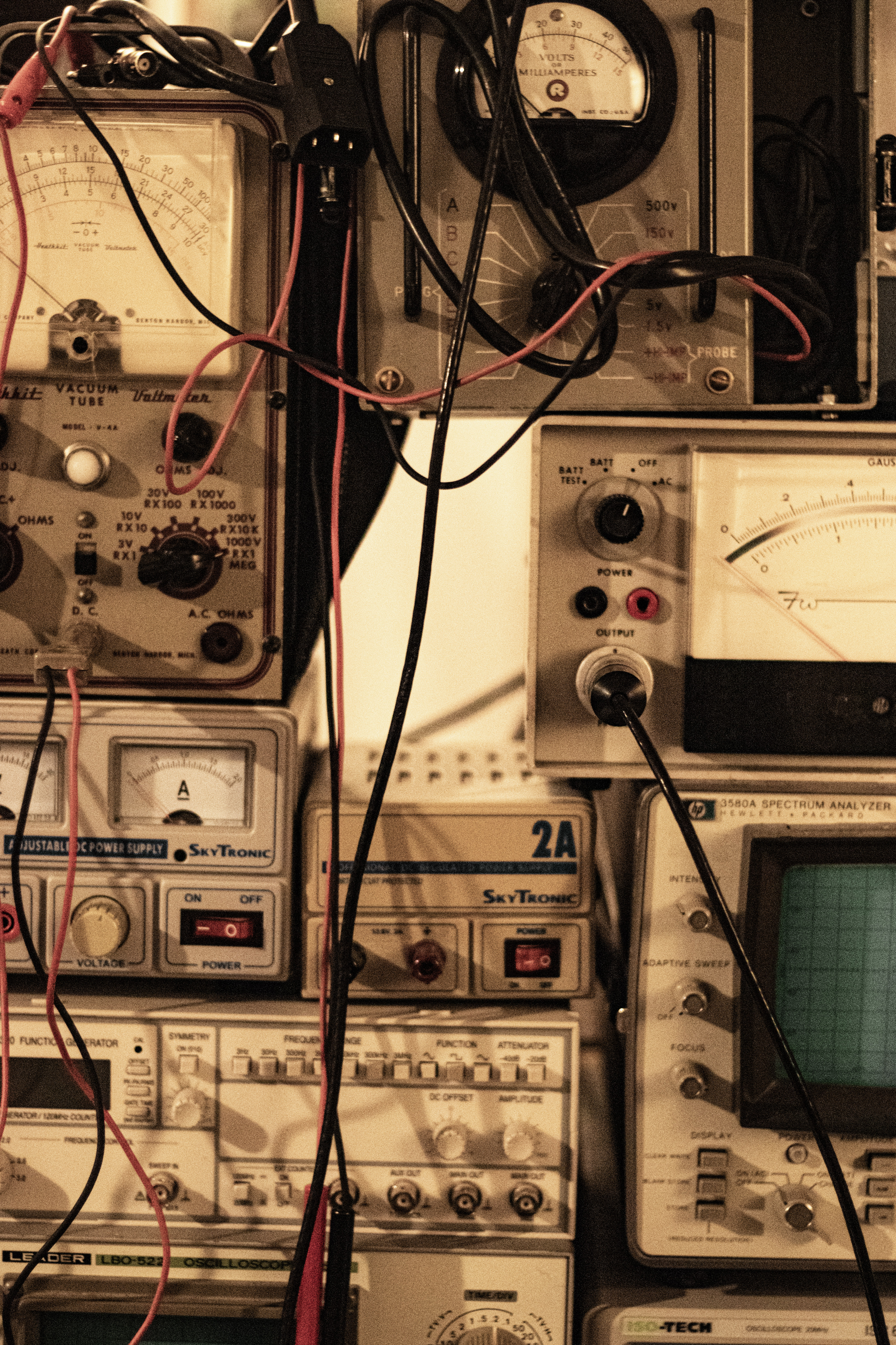 Vintage laboratory measurement instruments at the Agnew Analog Precision Engineering Laboratory.