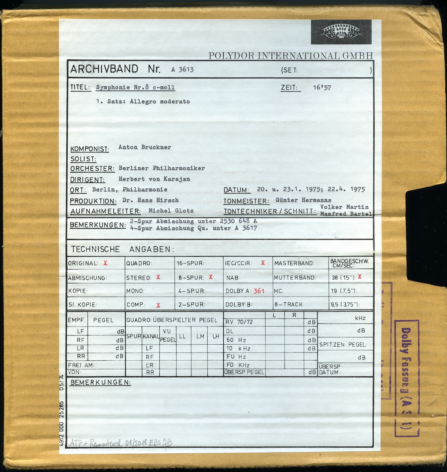 Box containing Master Tape for First Movt. of Bruckner's 8th Symphony (Photo: EBS)