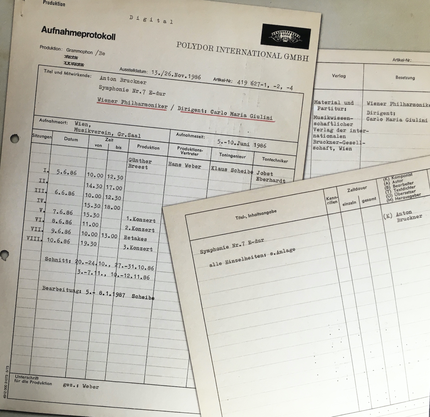 Giulini Bruckner 7 gatefold recording documents