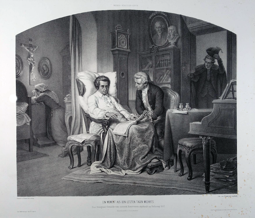 A mythical depiction of Mozart dictating the Requiem to Süssmayr