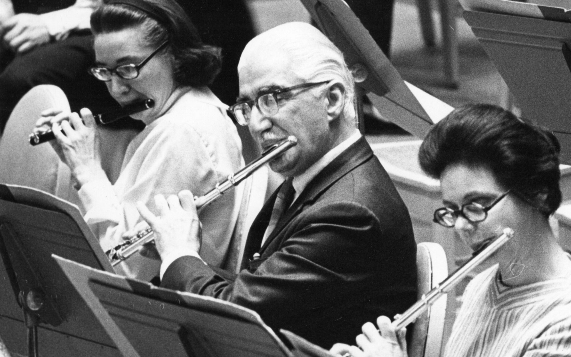 The flute section of the BSO in the 1970s: (l. to. r.) Lois Schaefer, James Pappoutsakis, Doriot Anthony Dwyer. Dwyer joined the BSO in 1952 as its first woman principal player, a position she would hold for 38 years