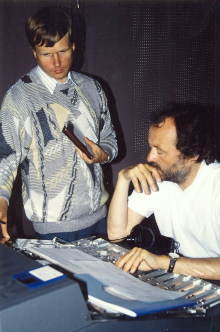 Technician Rainer Hoepfner and Klaus Hiemann working on the first recording with the new Yamaha DMC 1000 mixing desk, built in collaboration with DG (Photo: Rainer Maillard/Emil Berliner Studios)